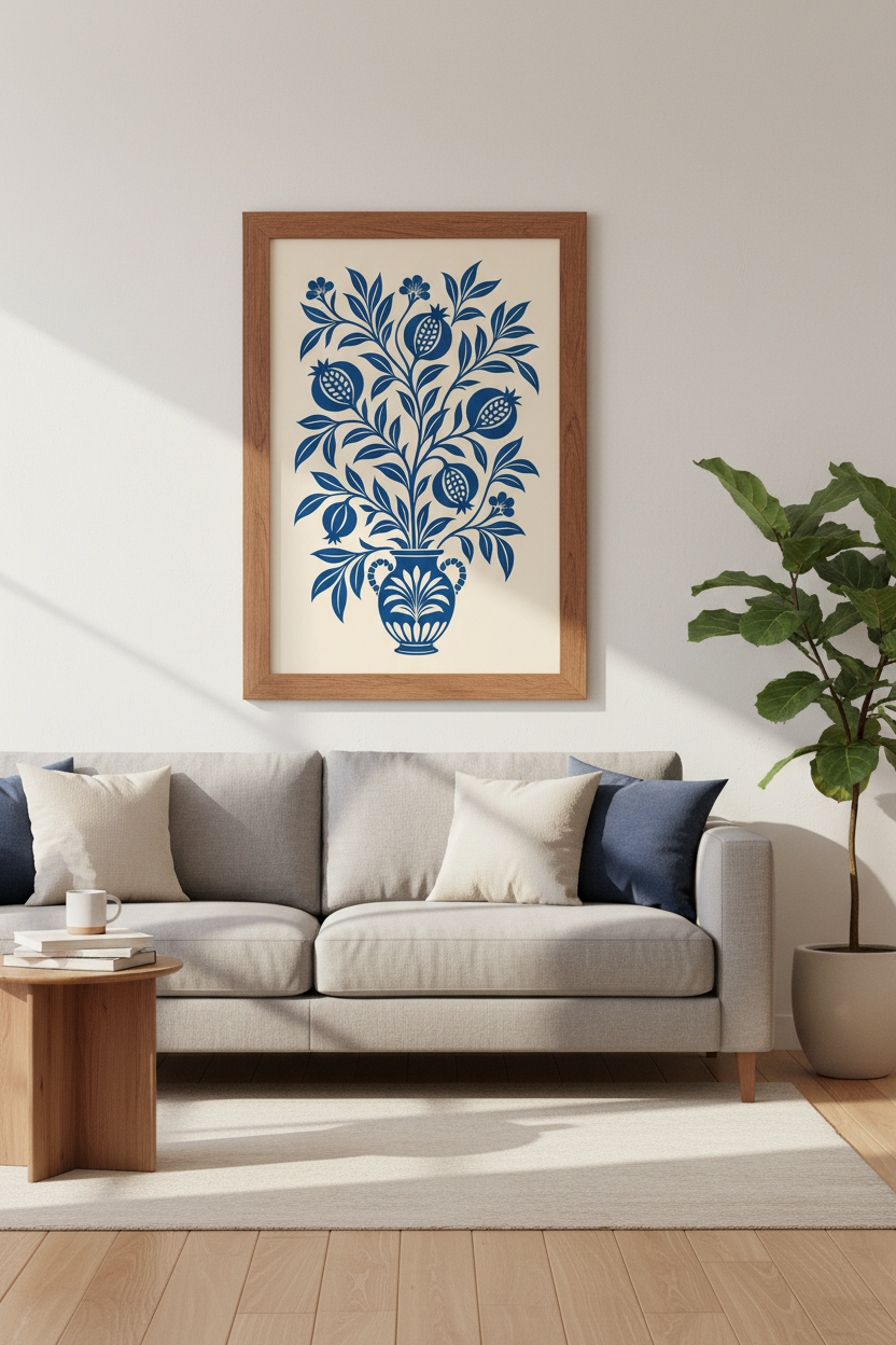 Blue Pomegranate Botanical Wall Art | Mediterranean Vase Poster, Living Room Decor