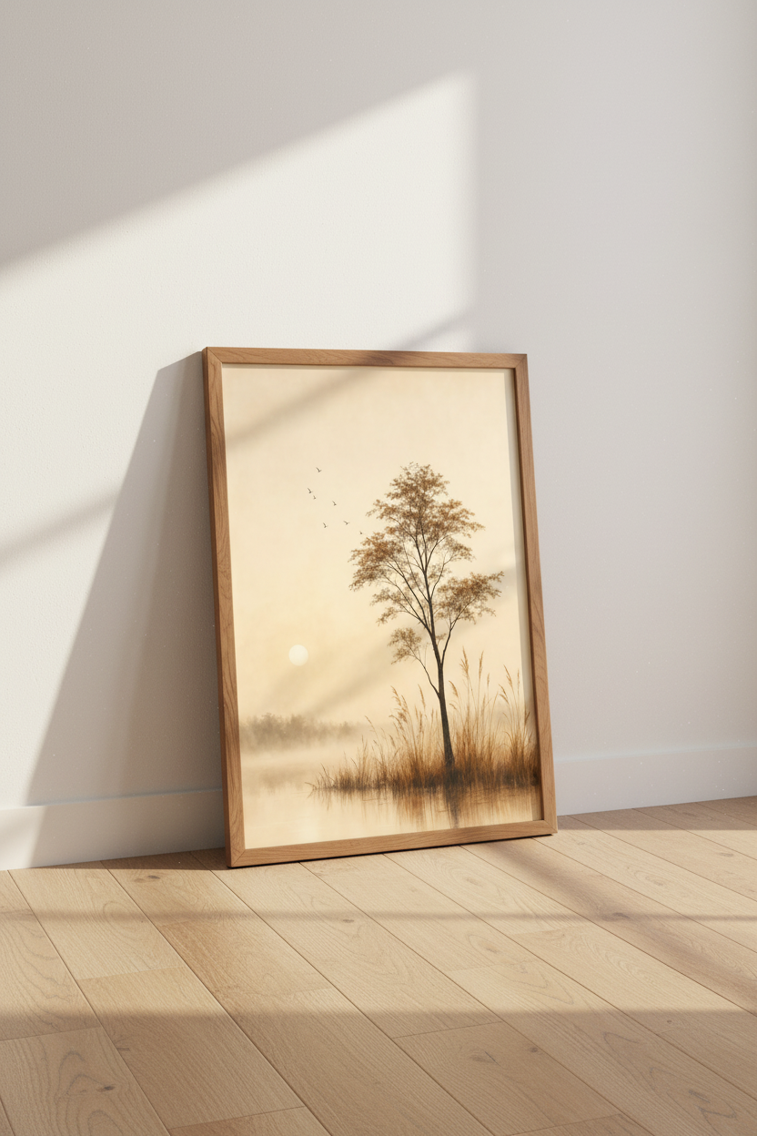Minimalist Tree Sunset Wall Art | Sepia Landscape Decor | Zen Nature Poster