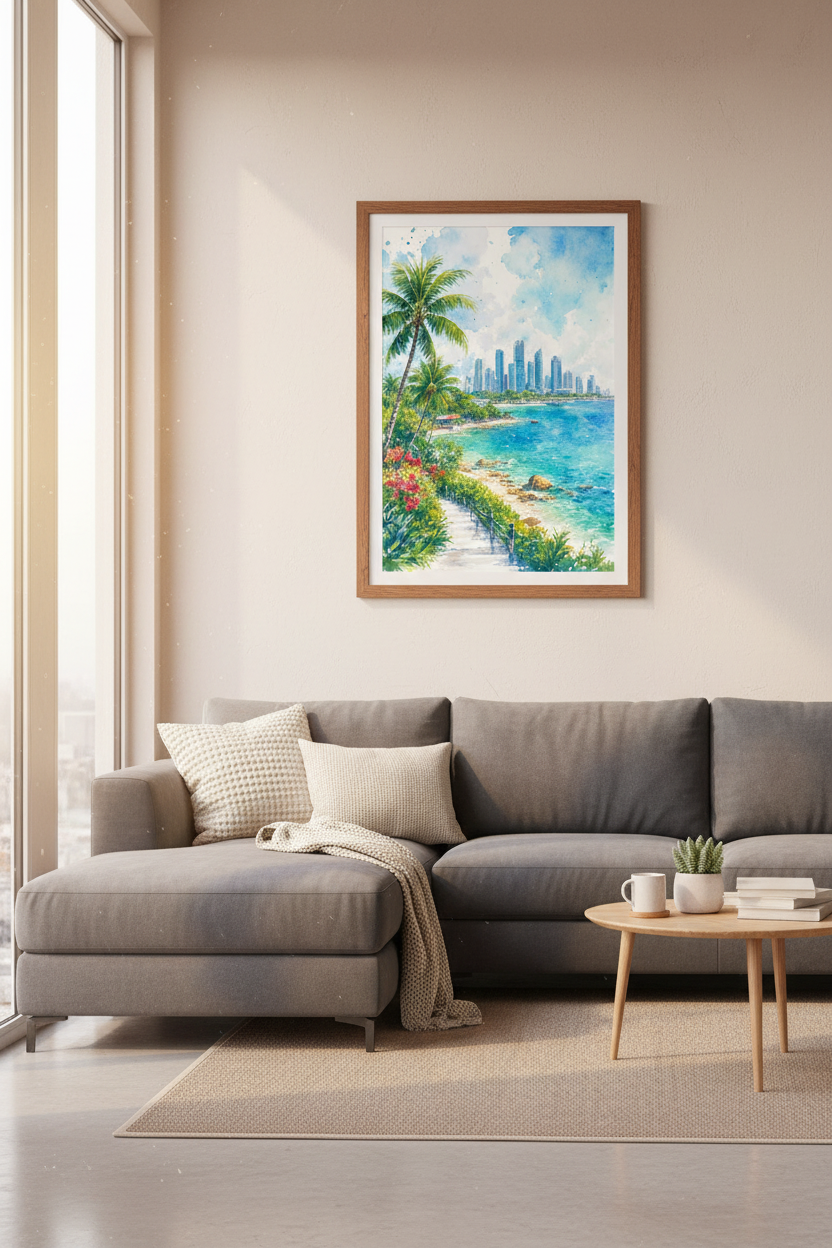 Tropical City Skyline Watercolor Art | Teal Coastal Wall Decor, Summer Beach Poster