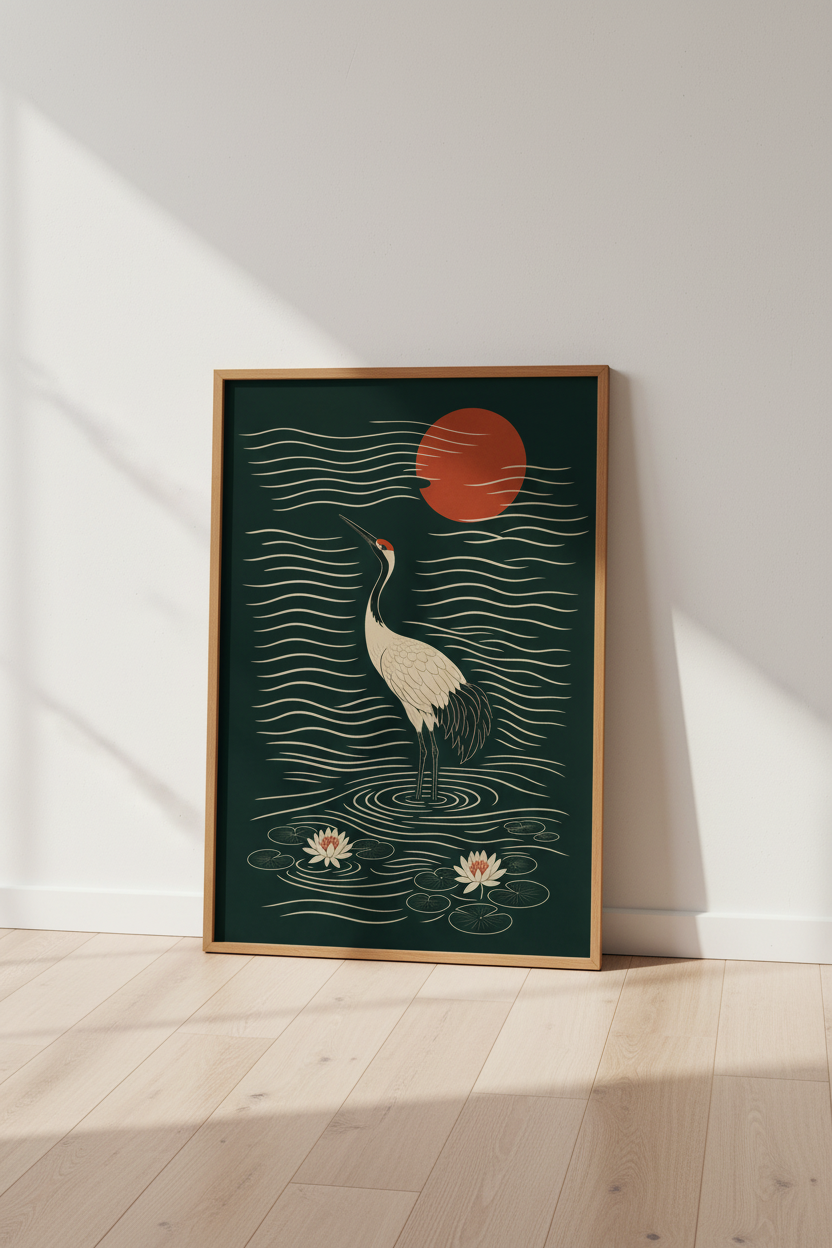 Japanese Crane Wall Art | Emerald & Red Zen Bird Poster, Living Room Decor