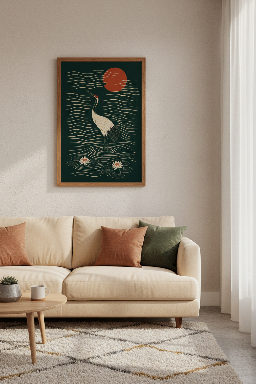 Japanese Crane Wall Art | Emerald & Red Zen Bird Poster, Living Room Decor