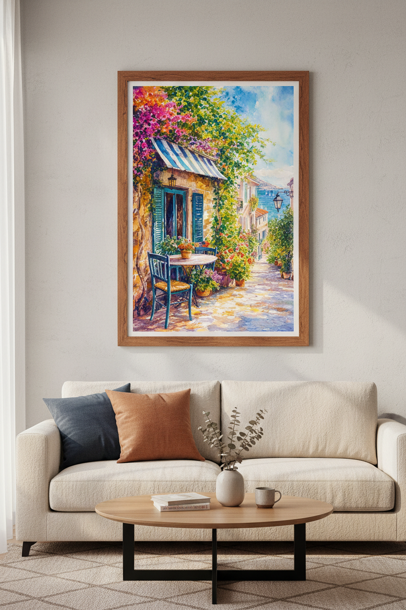 Mediterranean Coast Watercolor | Floral Village Scene, Coastal Life Poster