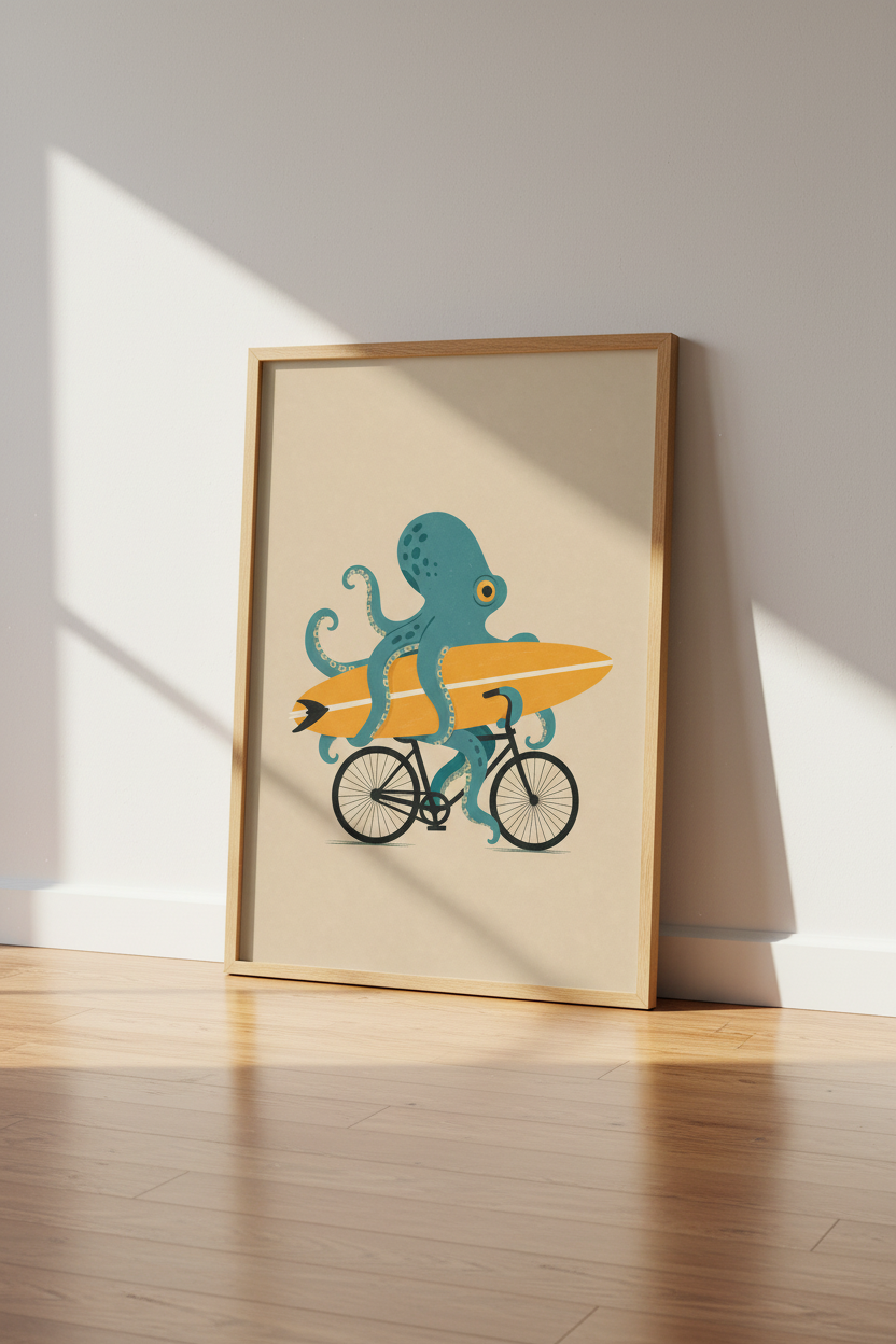 Octopus Riding Bicycle Wall Art | Surfing Octopus Poster, Beach House Decor