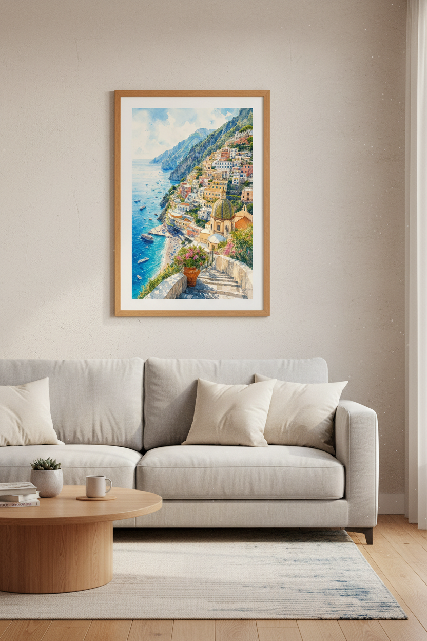 Positano Italy Watercolor Wall Art | Amalfi Coast Decor | Mediterranean Print