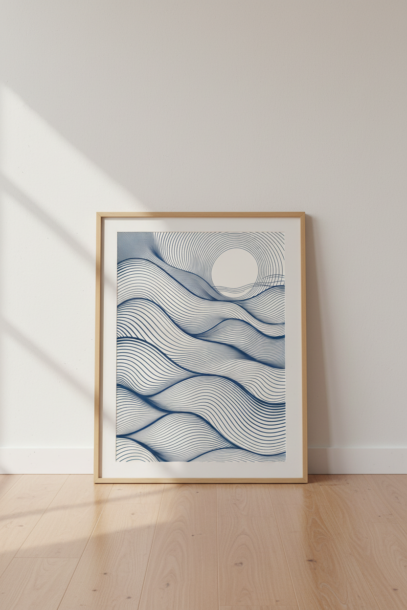 Abstract Blue Waves Wall Art | Navy Minimalist Line Poster, Modern Coastal Decor