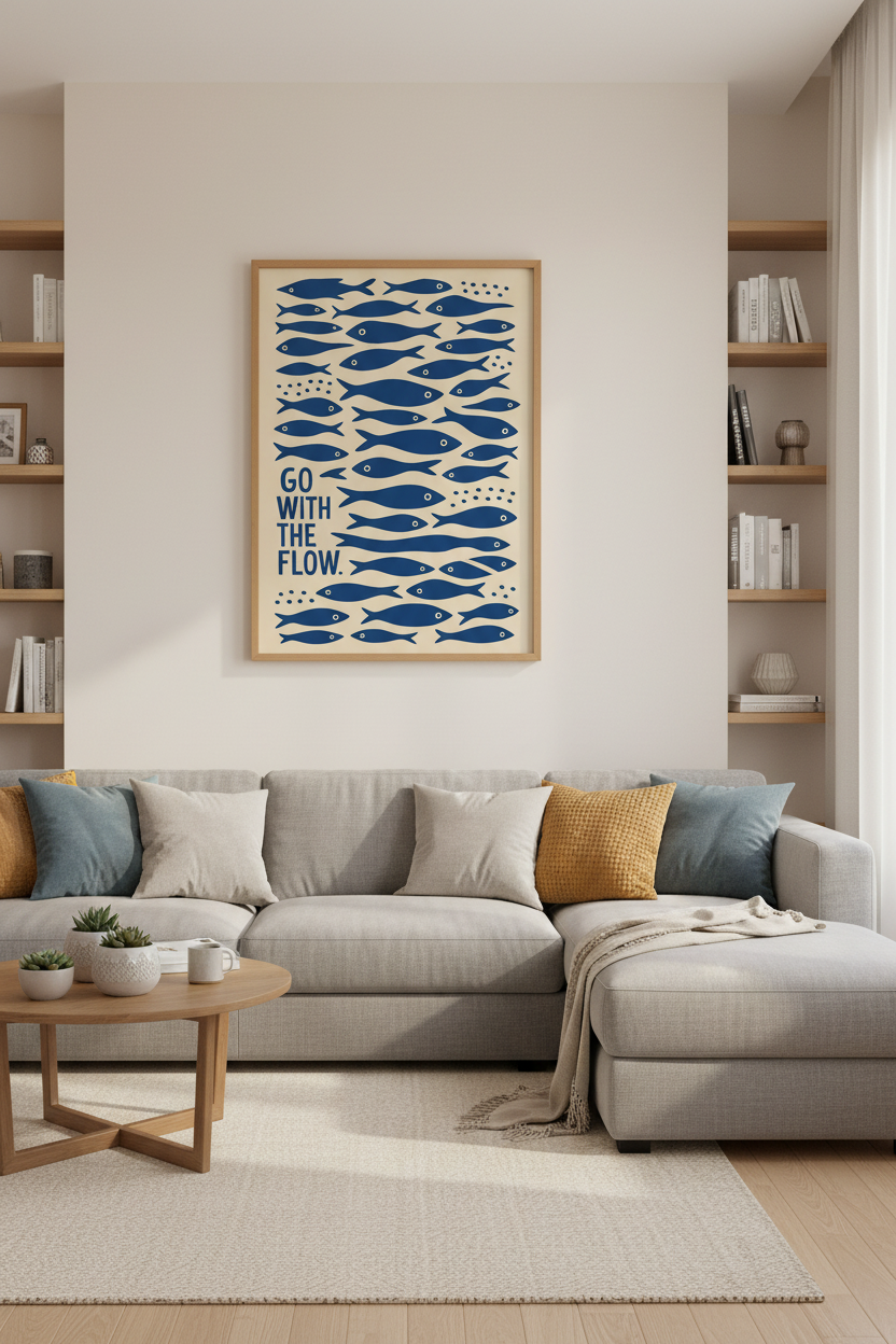 Go With The Flow Fish Art Print | Coastal Blue Wall Decor | Minimalist Poster