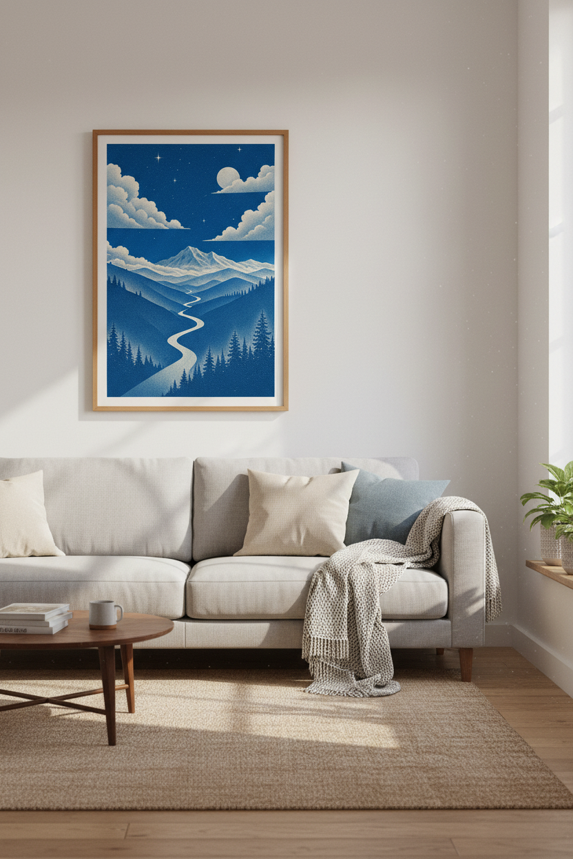 Blue Mountain Night Sky Art Print | Nature Landscape Poster, Modern Minimalist Decor