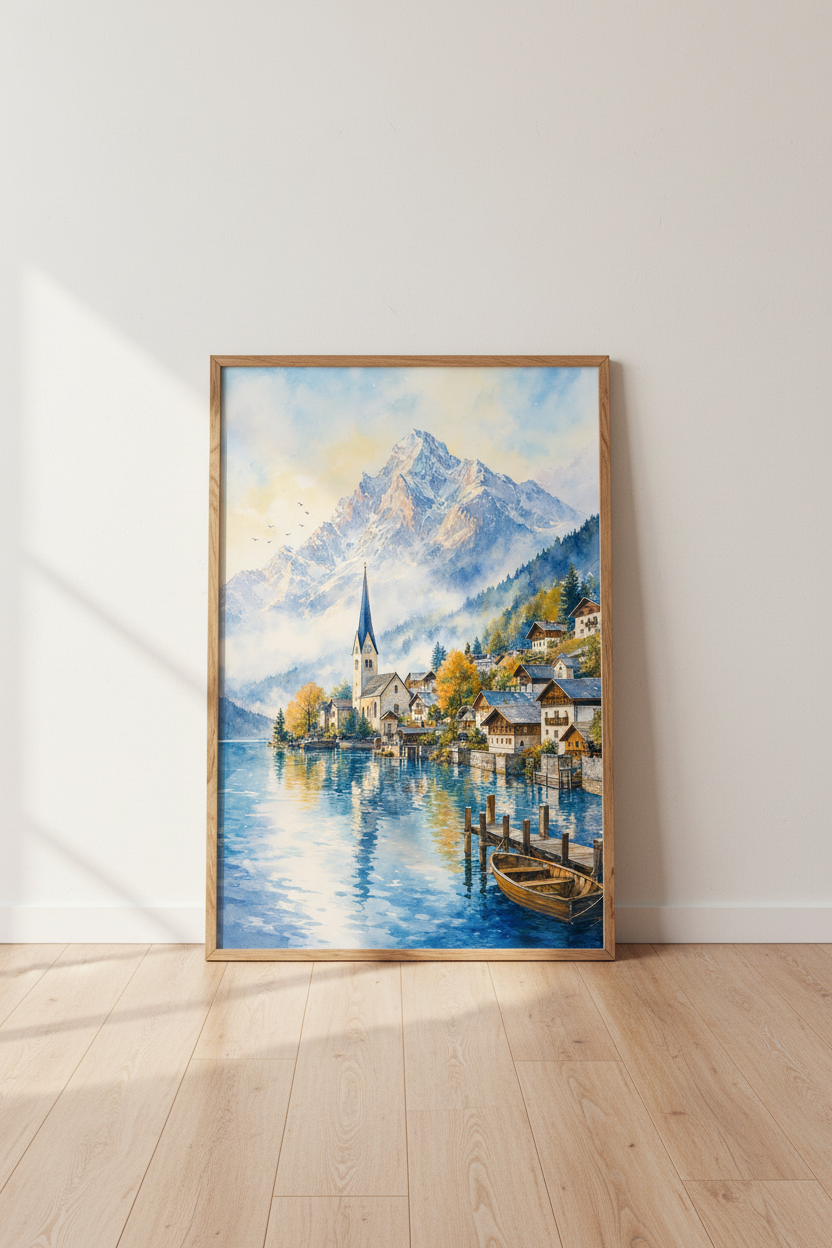 Alpine Lake Village | Watercolor Mountain Landscape, Hallstatt Home Decor