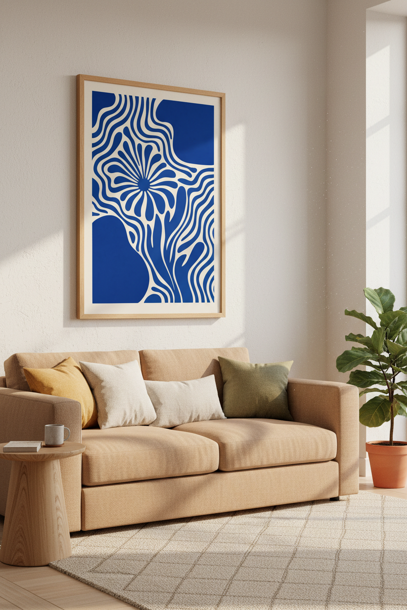 Abstract Blue Floral Wall Art | Wavy Retro Poster, Modern Living Room Decor