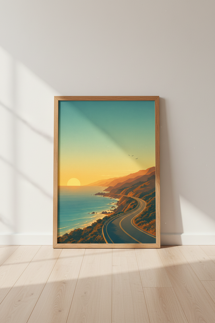 Coastal Road Sunset Print | Minimalist Beach Wall Art | California Travel Poster