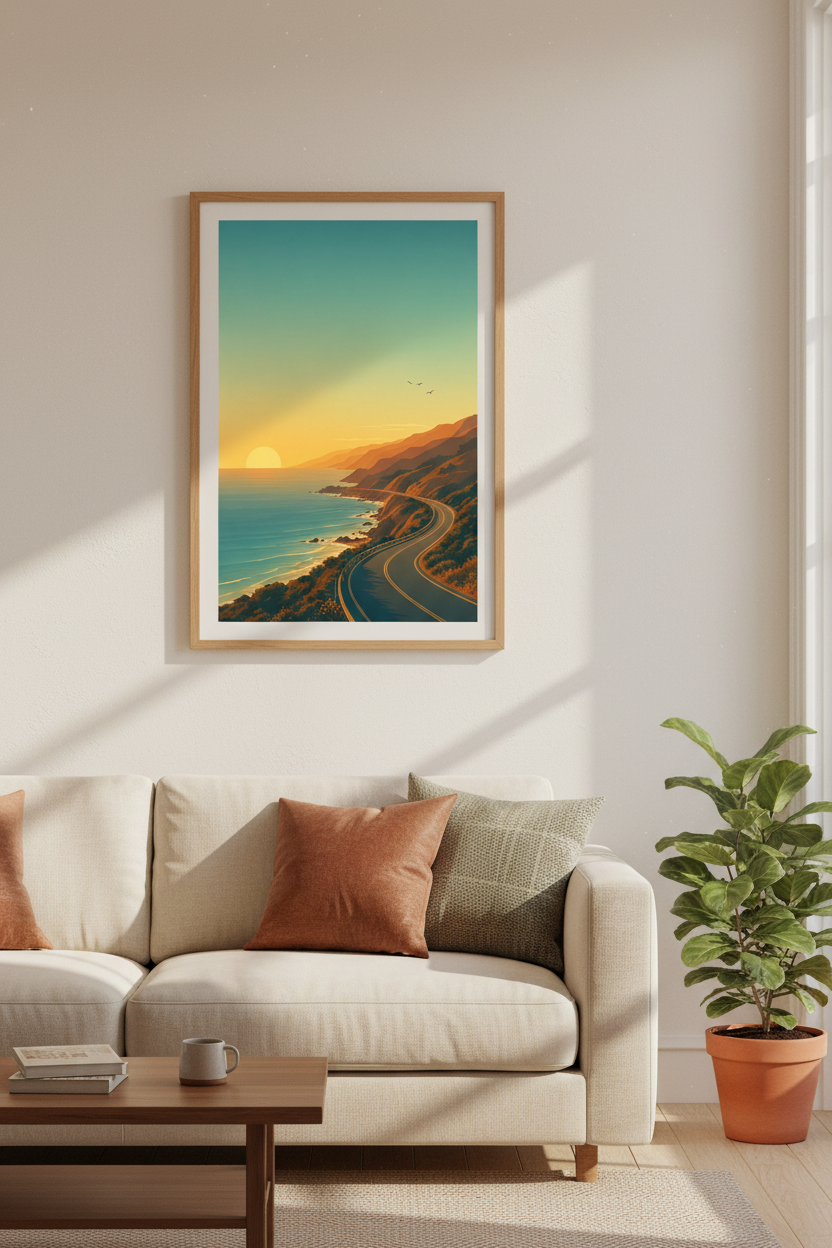 Coastal Road Sunset Print | Minimalist Beach Wall Art | California Travel Poster