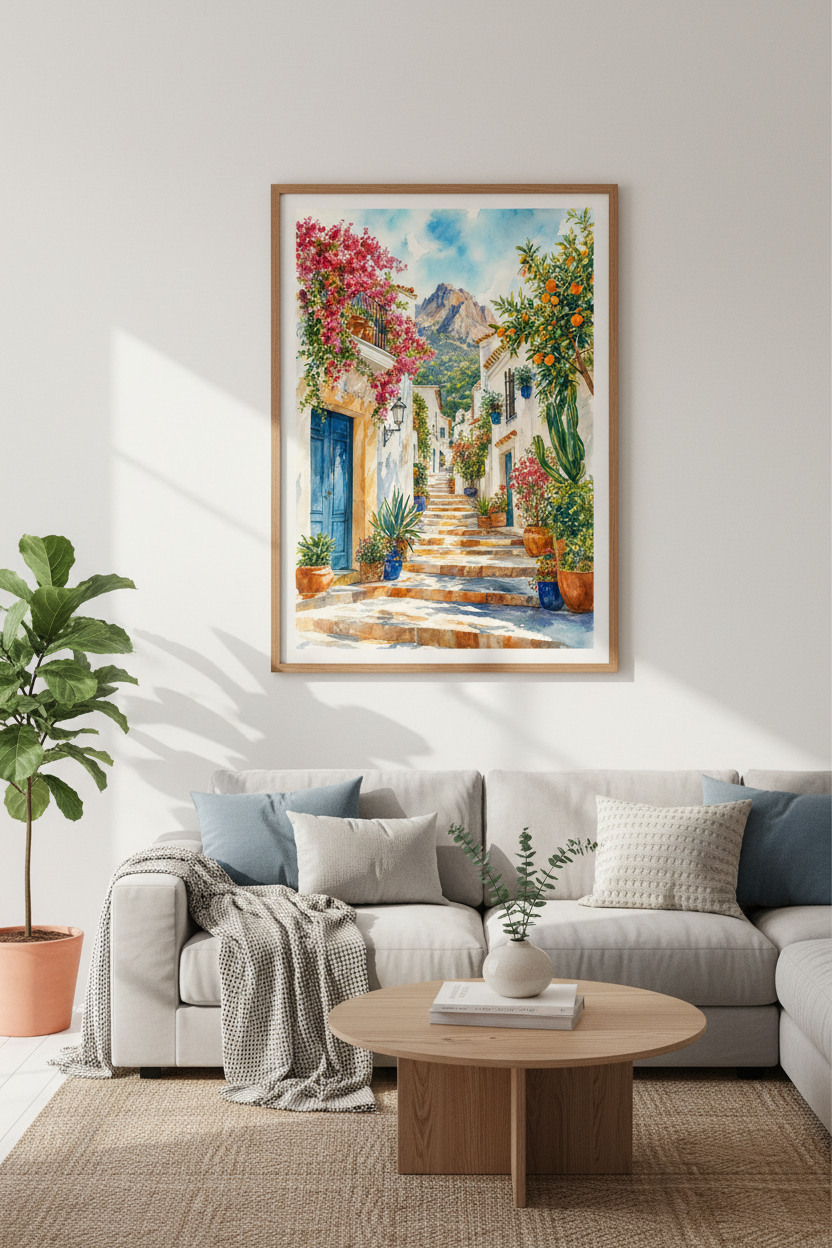 Mediterranean Village Watercolor Wall Art | Spanish Coastal Poster, Travel Gift