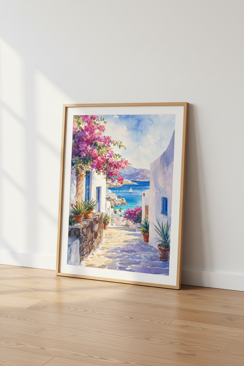 Santorini Greece Landscape | Watercolor Coastal Print, Mediterranean Wall Art