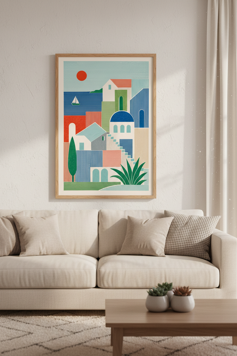 Mediterranean Village Wall Art | Geometric Coastal Print, Modern Boho Decor
