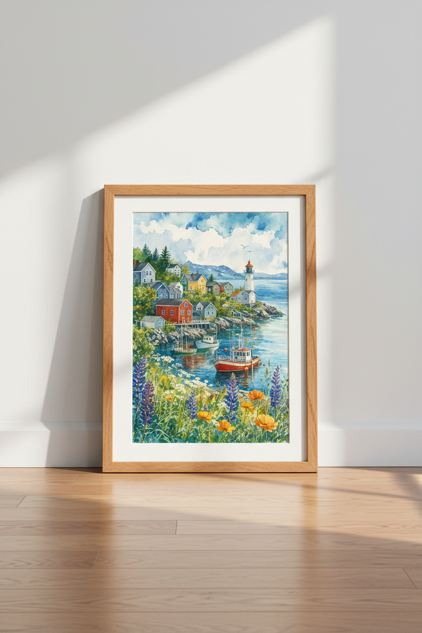 Coastal Village Watercolor | Lighthouse & Boat Print, Beach House Decor