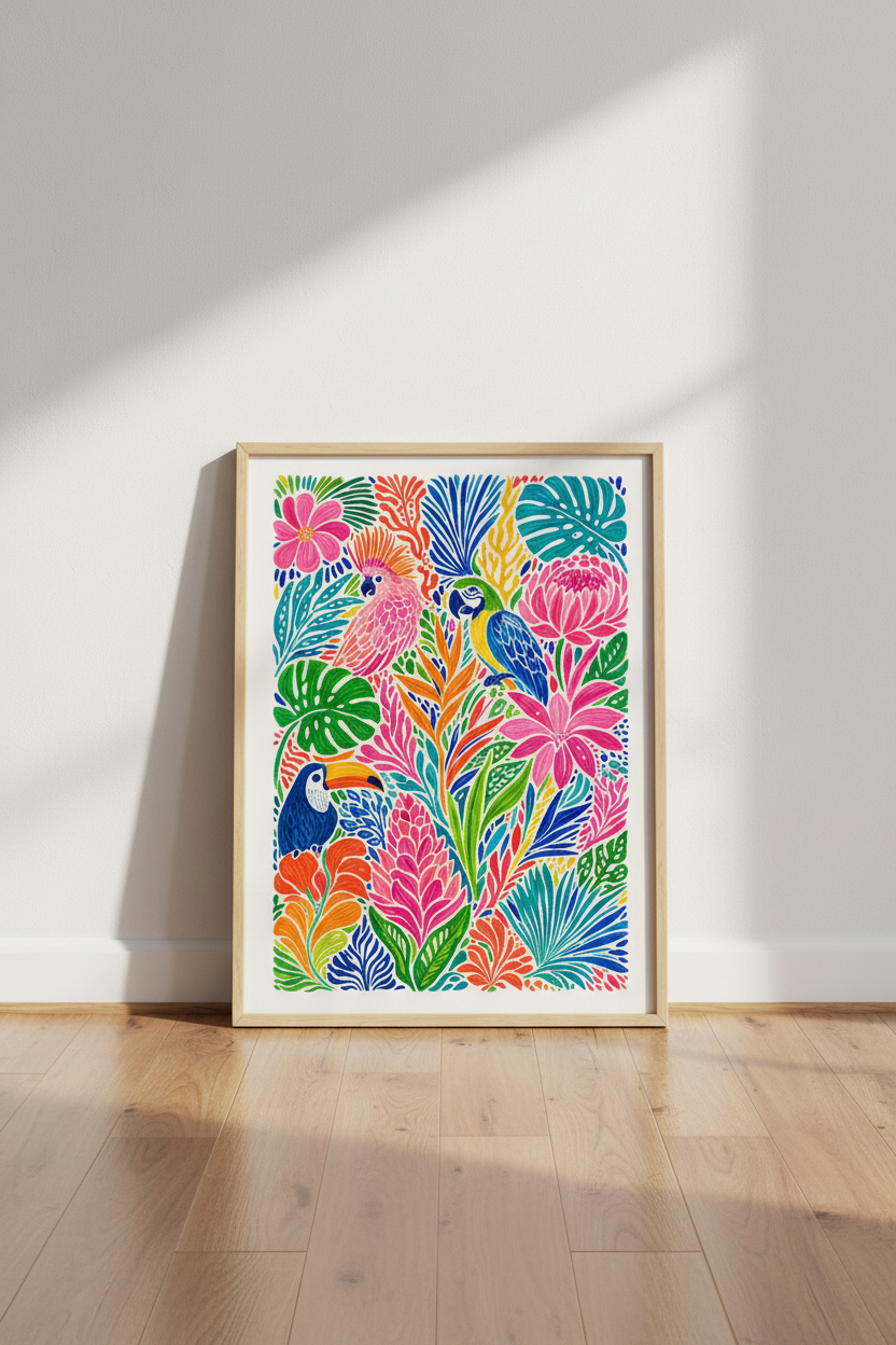 Tropical Parrot Jungle Wall Art | Vibrant Maximalist Floral Poster, Eclectic Room Decor