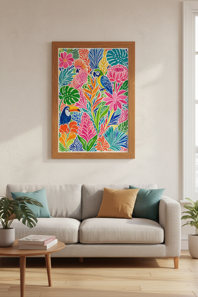 Tropical Parrot Jungle Wall Art | Vibrant Maximalist Floral Poster, Eclectic Room Decor