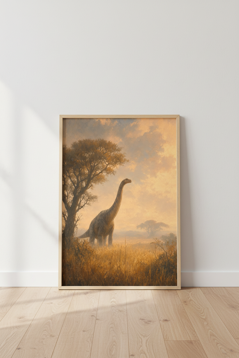 Brachiosaurus Dinosaur Oil Painting | Golden Earth Tones, Nursery Decor Art