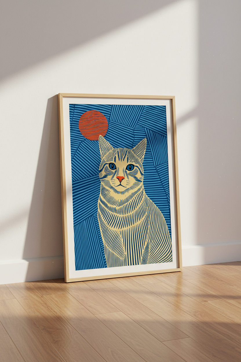 Cat Linocut Wall Art Print | Mid-Century Modern Blue & Orange | Minimalist Decor