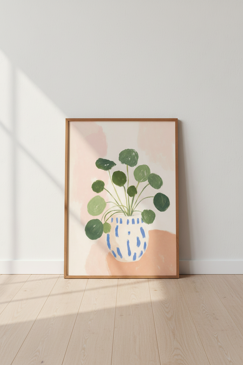 Pilea Plant Art | Sage Green & Peach Botanical Print, Boho Home Decor