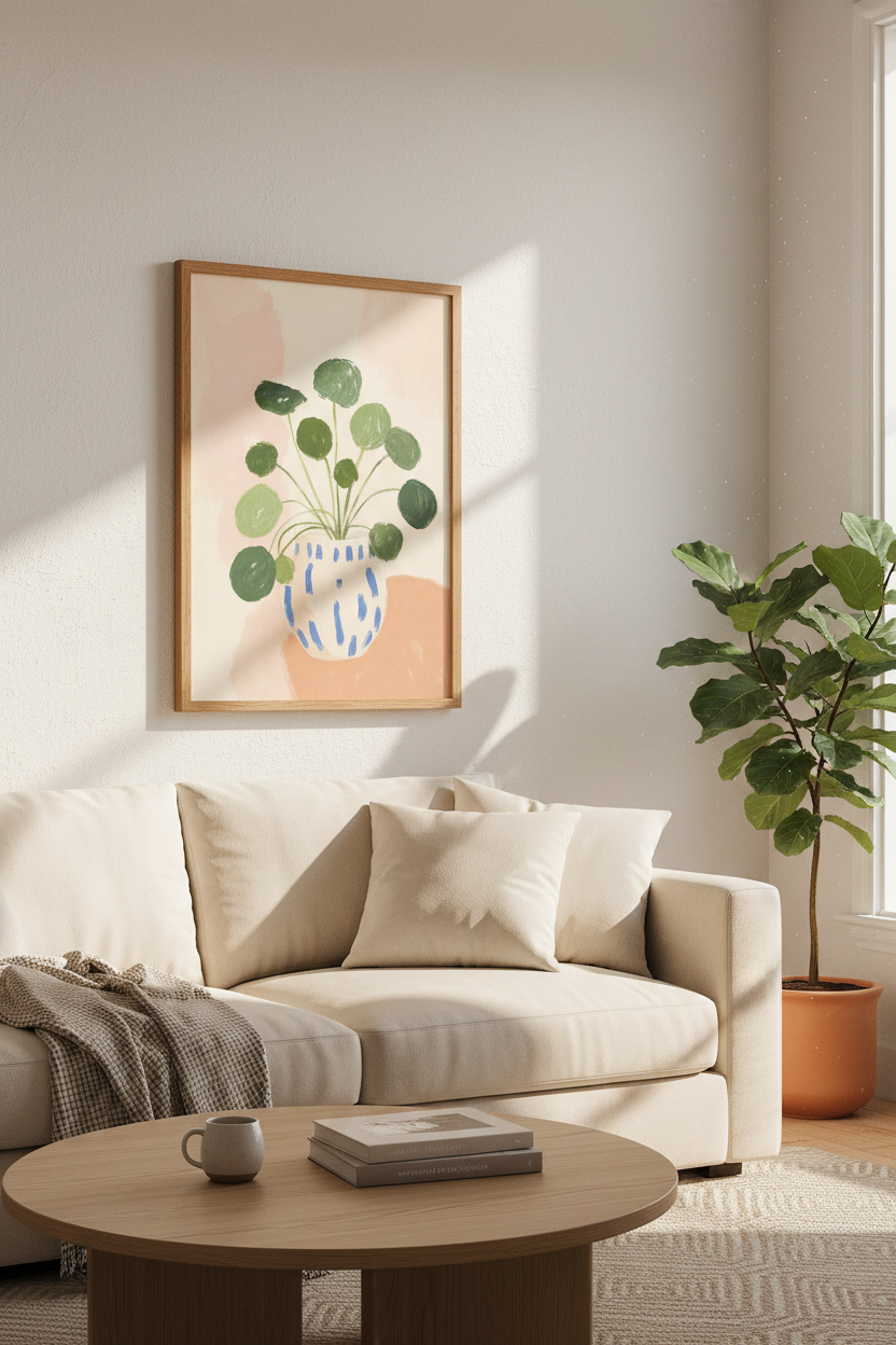 Pilea Plant Art | Sage Green & Peach Botanical Print, Boho Home Decor