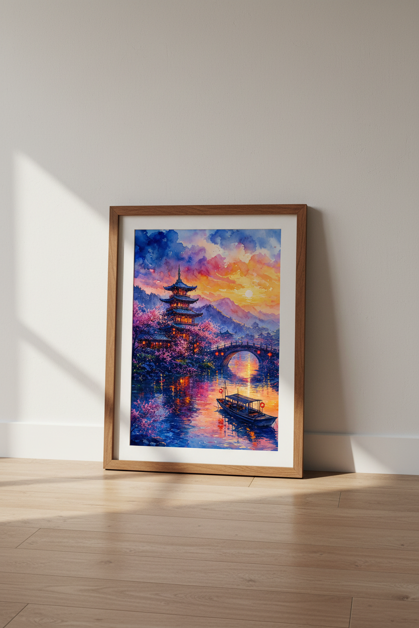 Japanese Pagoda Sunset | Watercolor Landscape Print, Zen Home Decor