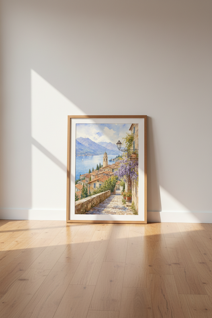 Lake Como Italy Watercolor Print | Mediterranean Landscape | Coastal Wall Art Decor