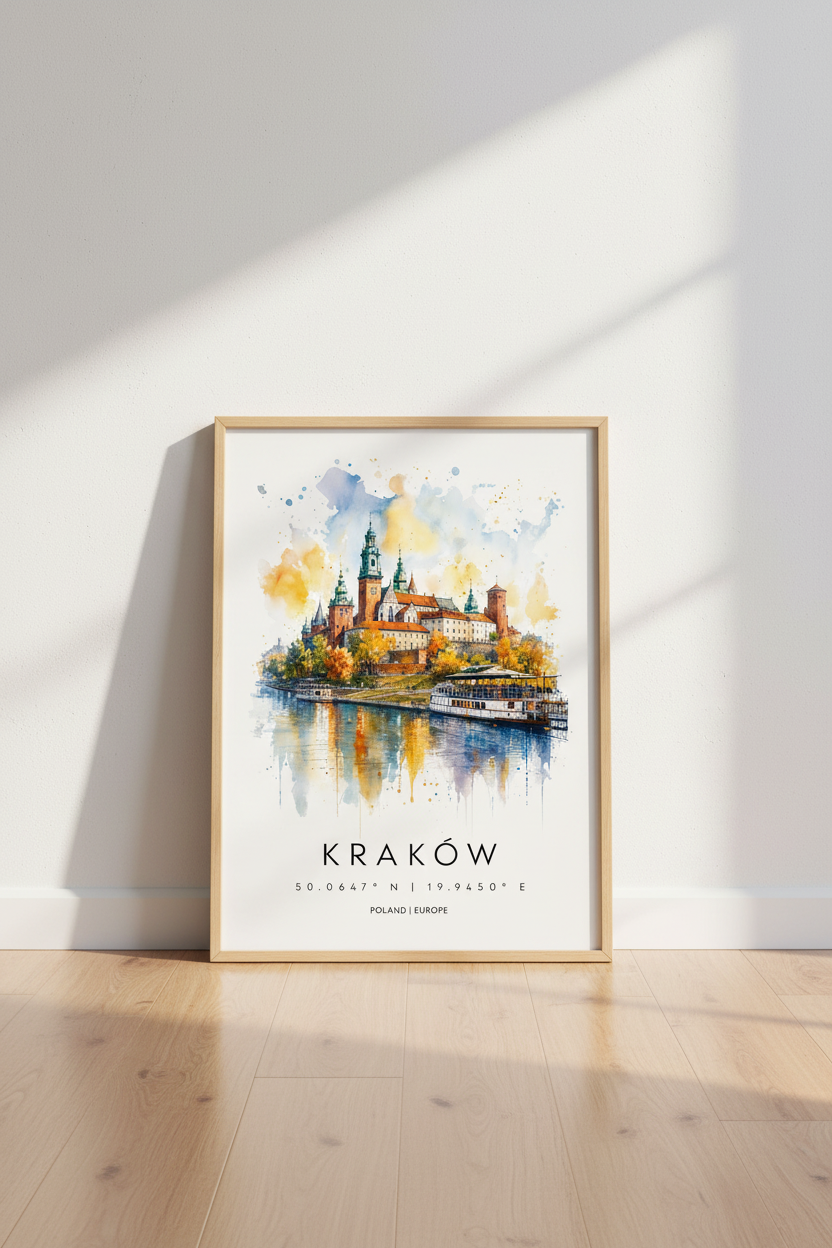 Krakow Poland Watercolor Art | Wawel Castle Travel Poster, Living Room Decor