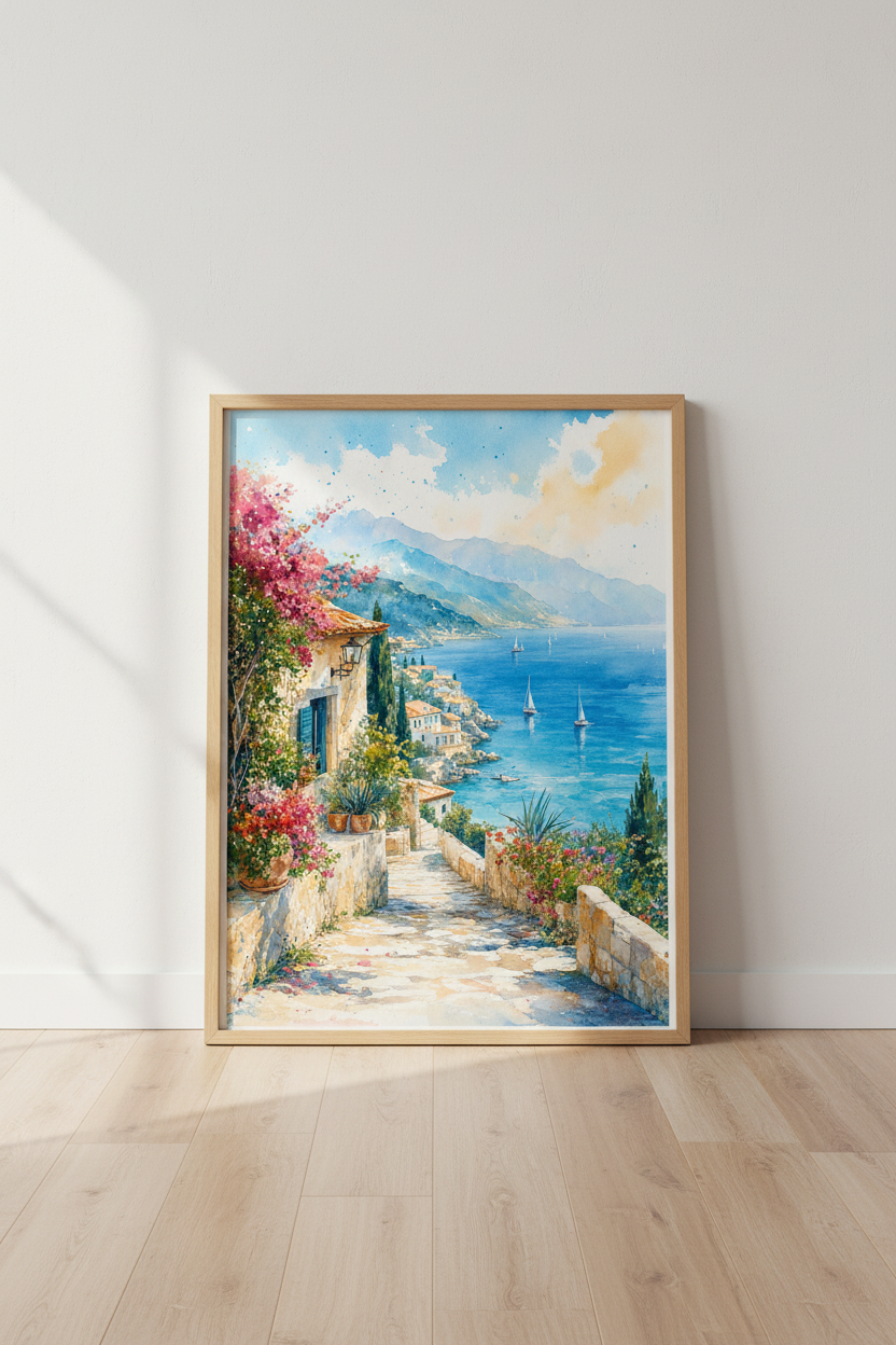 Coastal Mediterranean Watercolor | Blue Sea & Bougainvillea Print, Living Room Decor