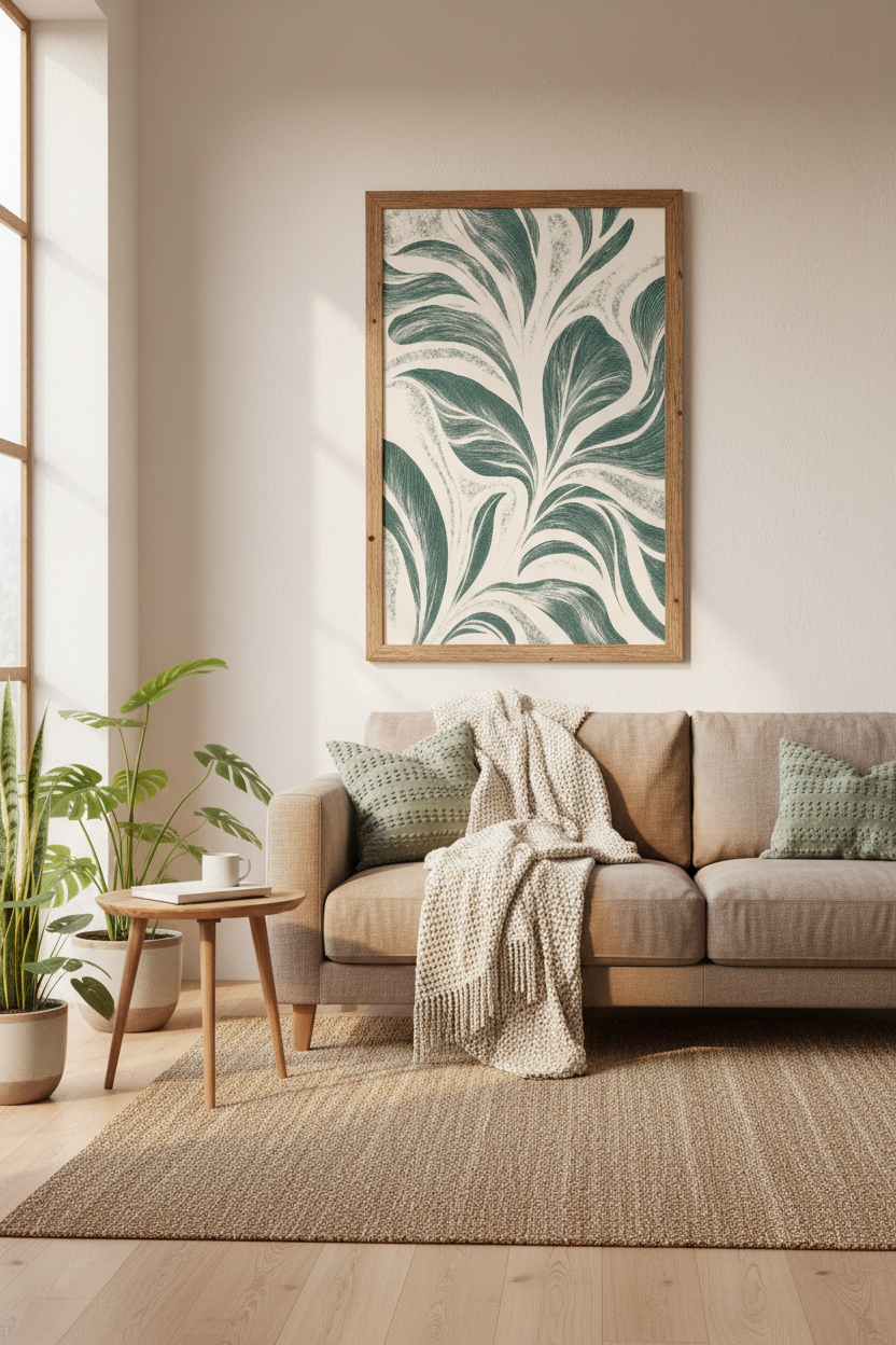 Abstract Botanical Leaf Wall Art | Sage Green & Cream Decor | Minimalist Poster Print