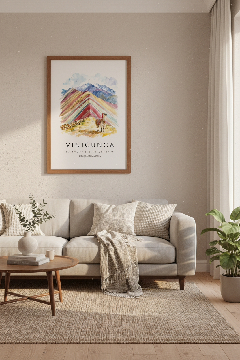 Vinicunca Peru Rainbow Mountain Art | Llama Watercolor Poster, Travel Decor
