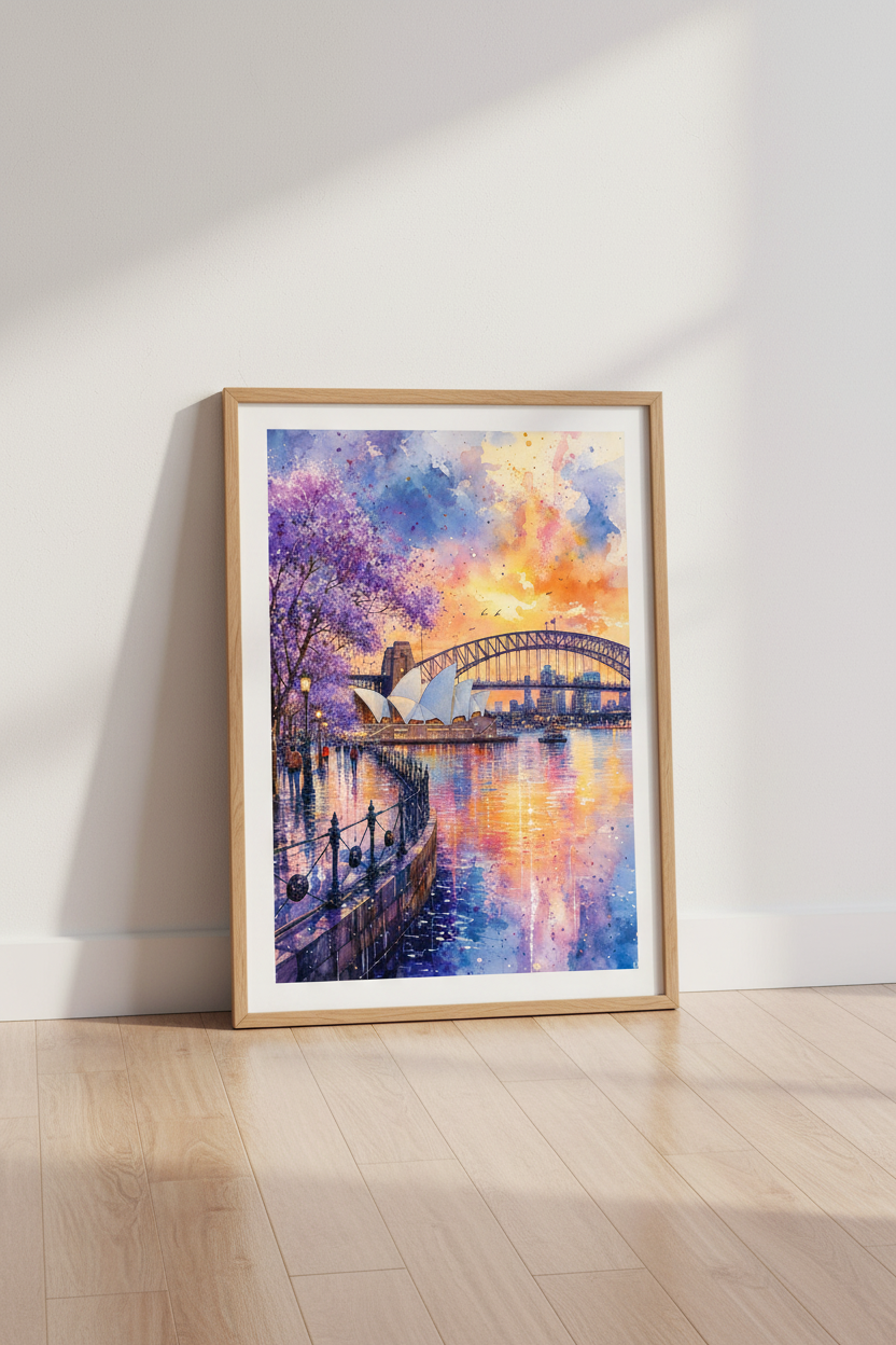 Sydney Harbour Watercolor Wall Art | Purple Sunset Cityscape | Australian Travel Poster