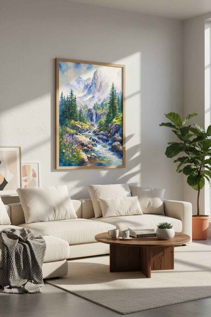 Mountain Waterfall Watercolor Wall Art | Alpine Landscape Print, Nature Decor