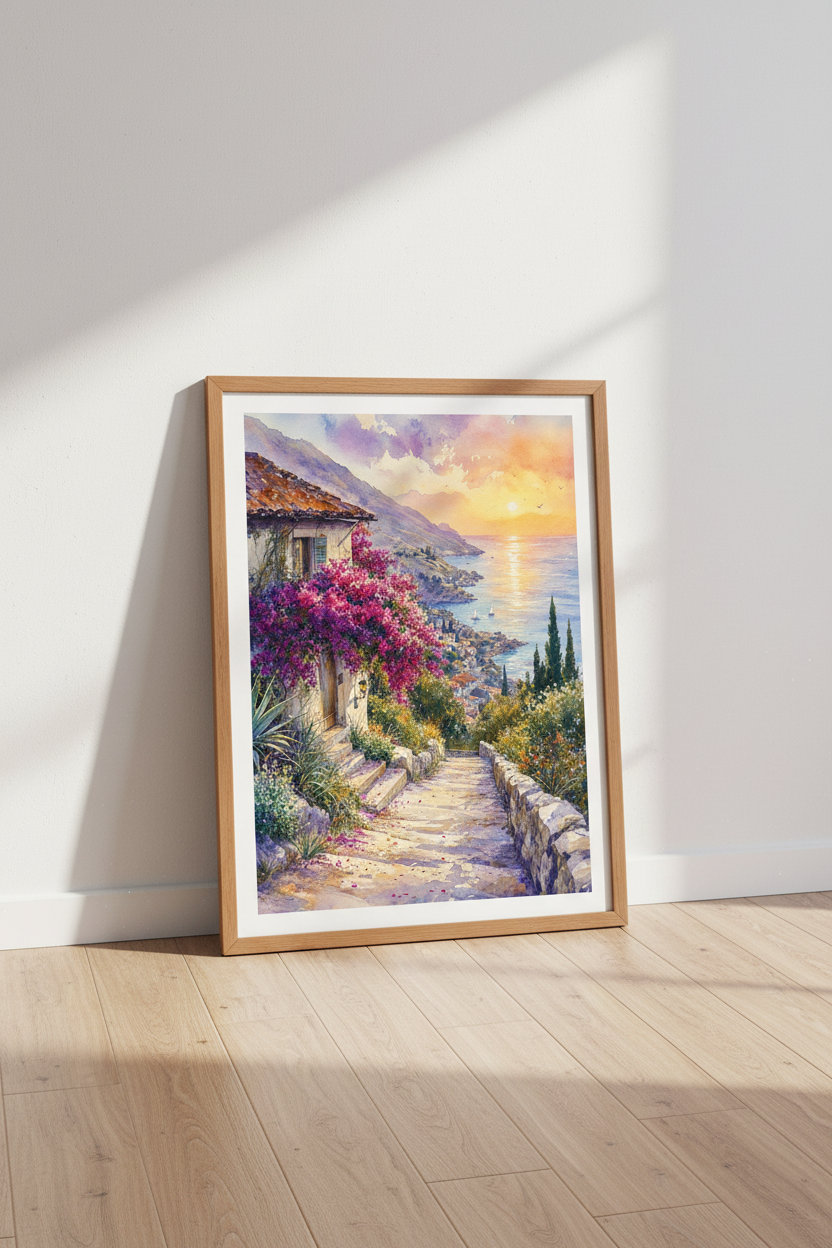 Mediterranean Coast Sunset | Watercolor Italian Village, Coastal Living Room Decor