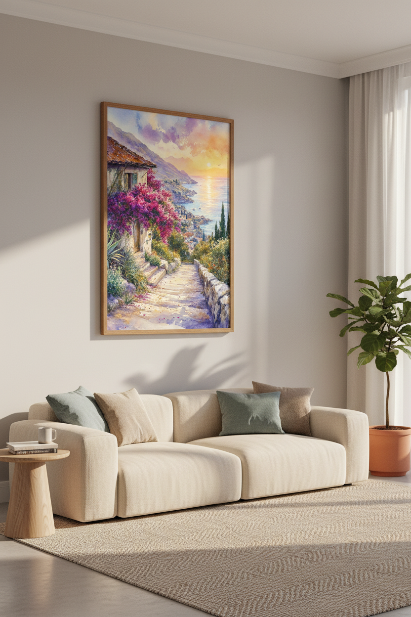 Mediterranean Coast Sunset | Watercolor Italian Village, Coastal Living Room Decor