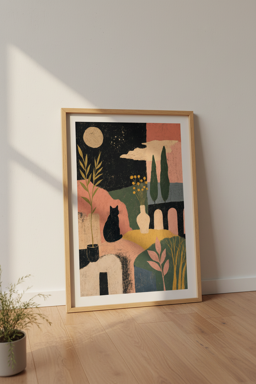 Black Cat Under Stars | Folk Art Moon Print, Boho Bedroom Wall Decor