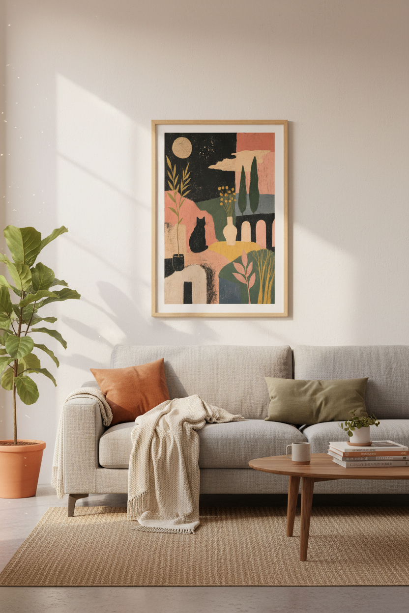 Black Cat Under Stars | Folk Art Moon Print, Boho Bedroom Wall Decor