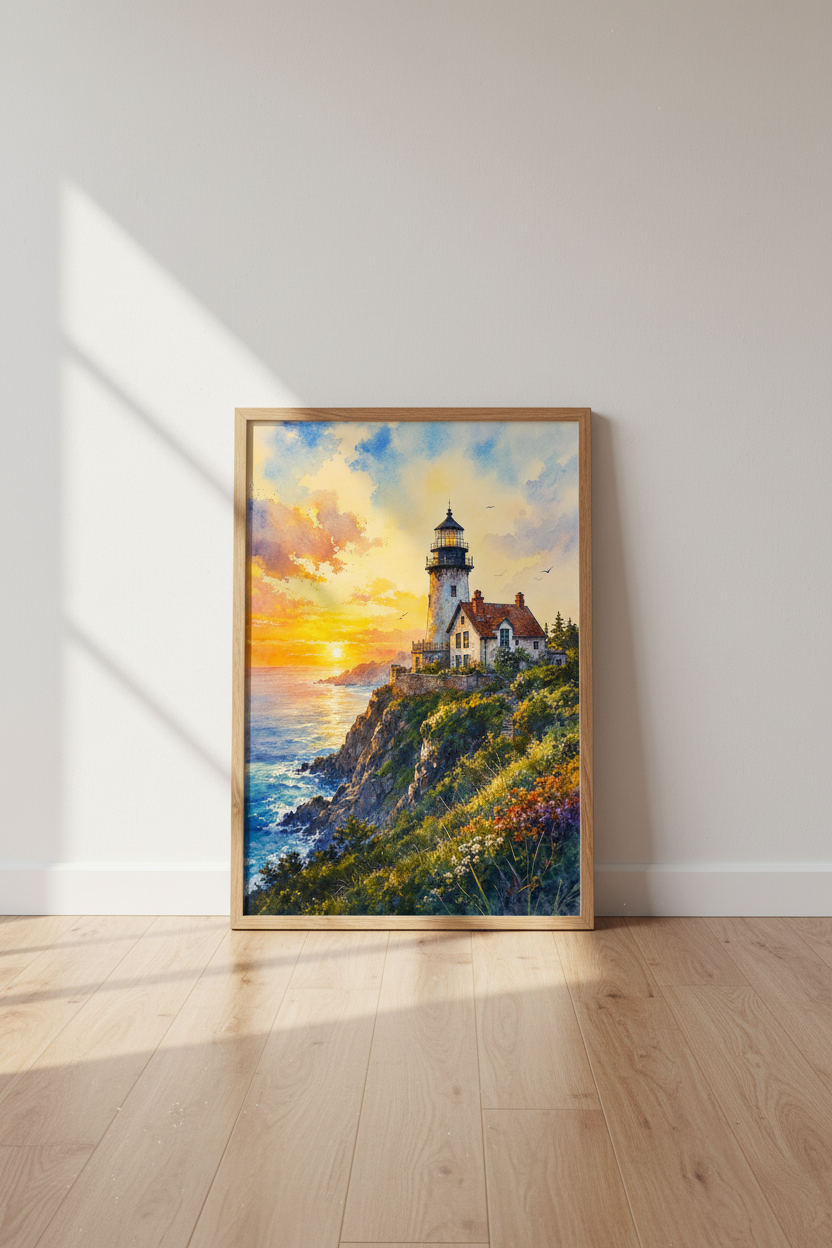 Lighthouse Sunset Watercolor Print | Coastal Living Room Decor | Nautical Wall Art