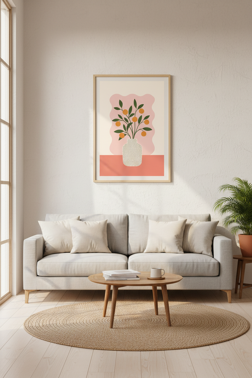 Modern Orange Tree Still Life | Pink & Orange Botanical Art, Kitchen Wall Decor