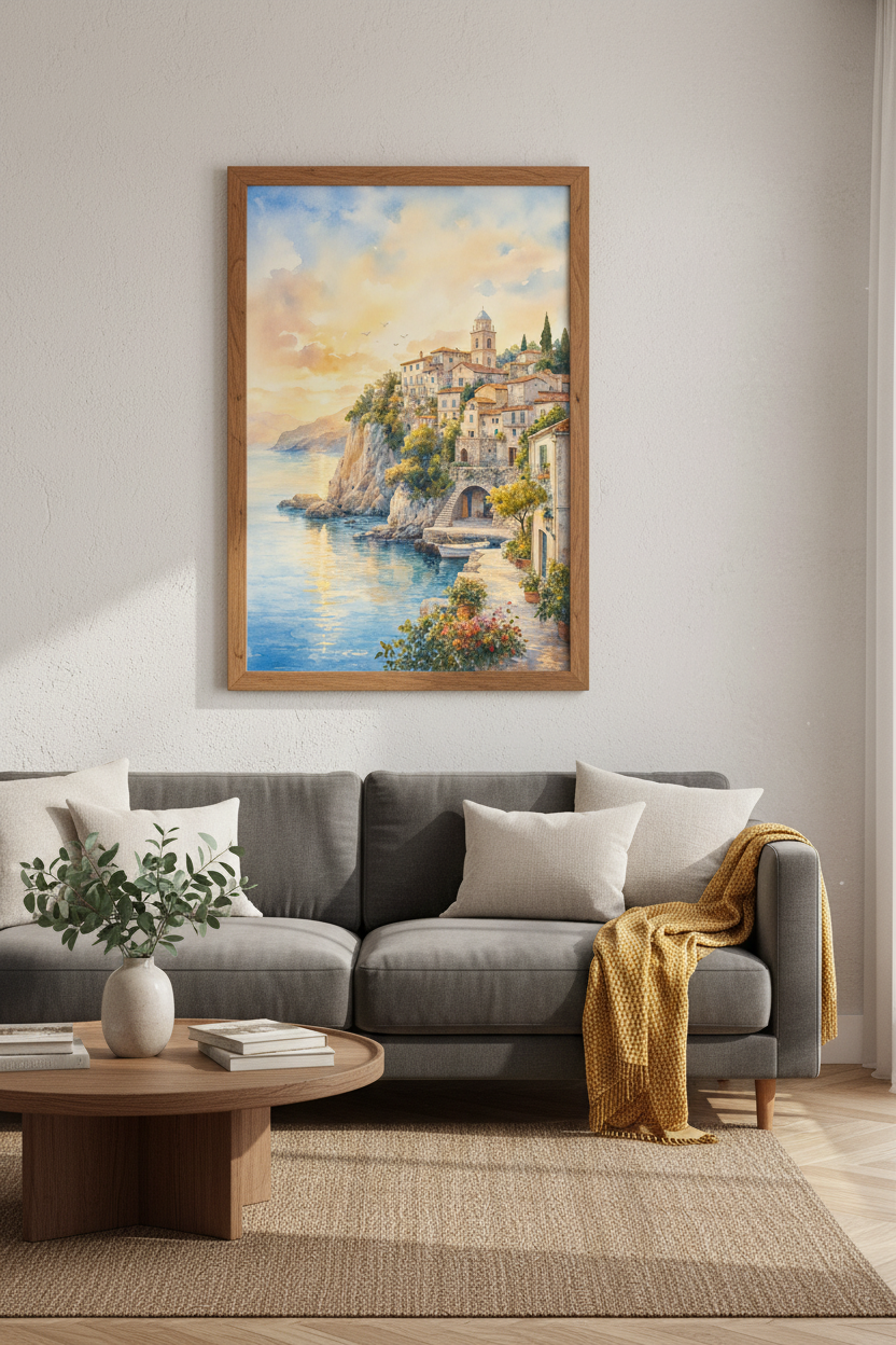Amalfi Coast Italy Watercolor Print | Coastal Sunset Wall Art | Mediterranean Decor Poster