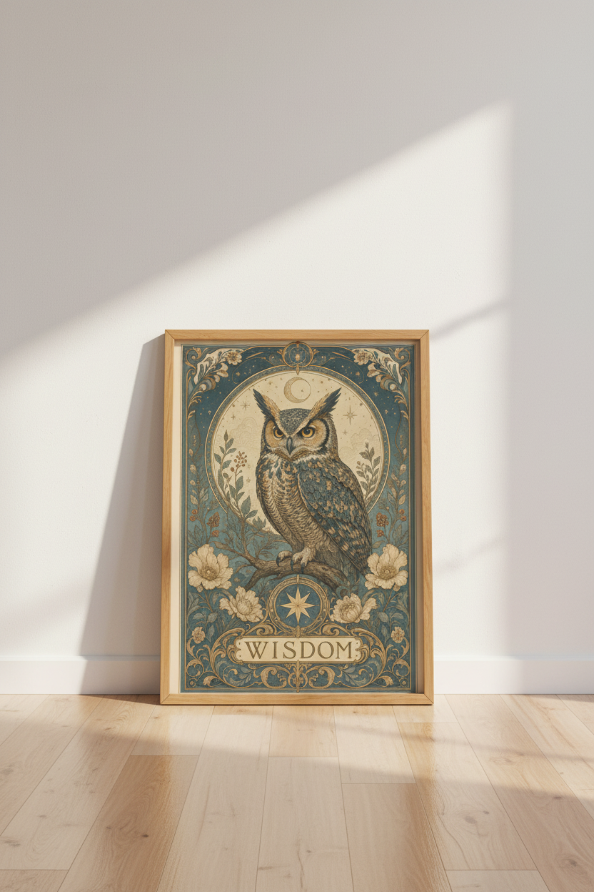 Owl Wisdom Wall Art Print | Dark Academia Study Decor | Art Nouveau Poster