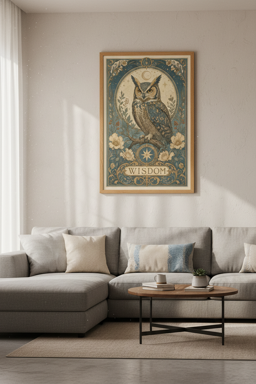 Owl Wisdom Wall Art Print | Dark Academia Study Decor | Art Nouveau Poster