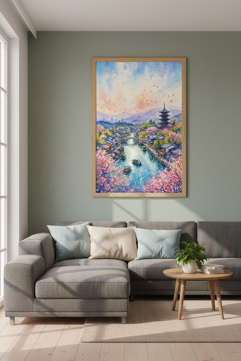 Japanese Landscape Wall Art Print | Cherry Blossom Decor | Watercolor Poster