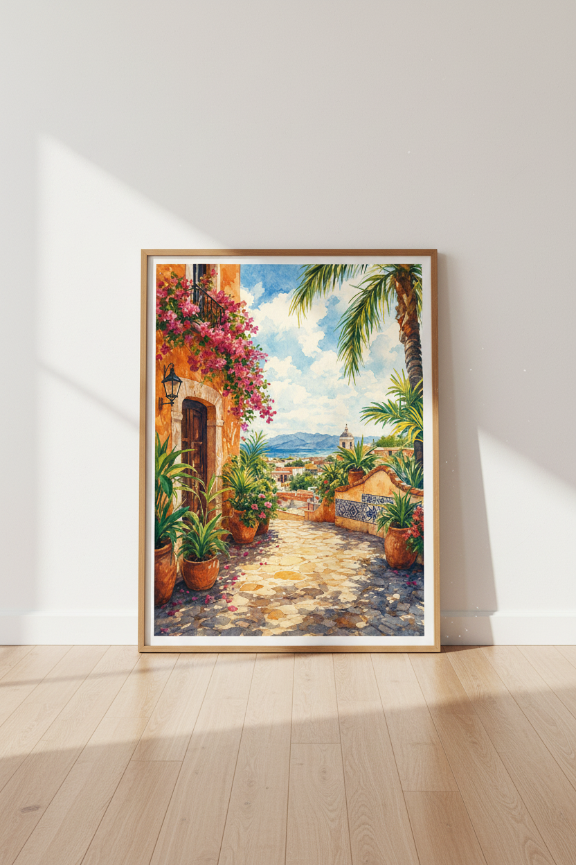 Mediterranean Coastal Watercolor Art | Italian Villa Summer Poster, Sunroom Decor