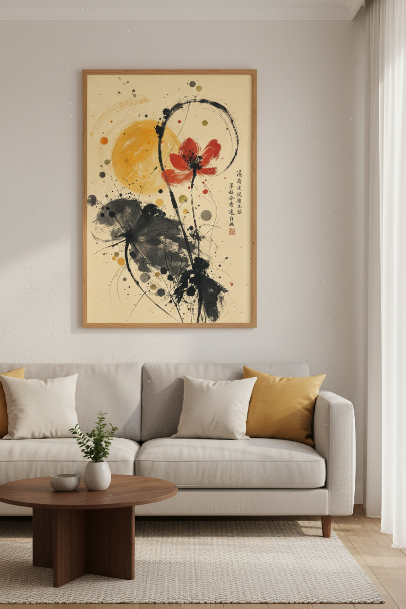 Japanese Sumi-e Floral Wall Art Print | Zen Red Flower Decor | Japandi Poster
