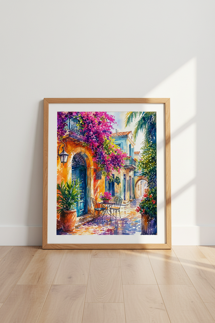 Mediterranean Street Watercolor | Vibrant Bougainvillea Italian Decor, Living Room Art