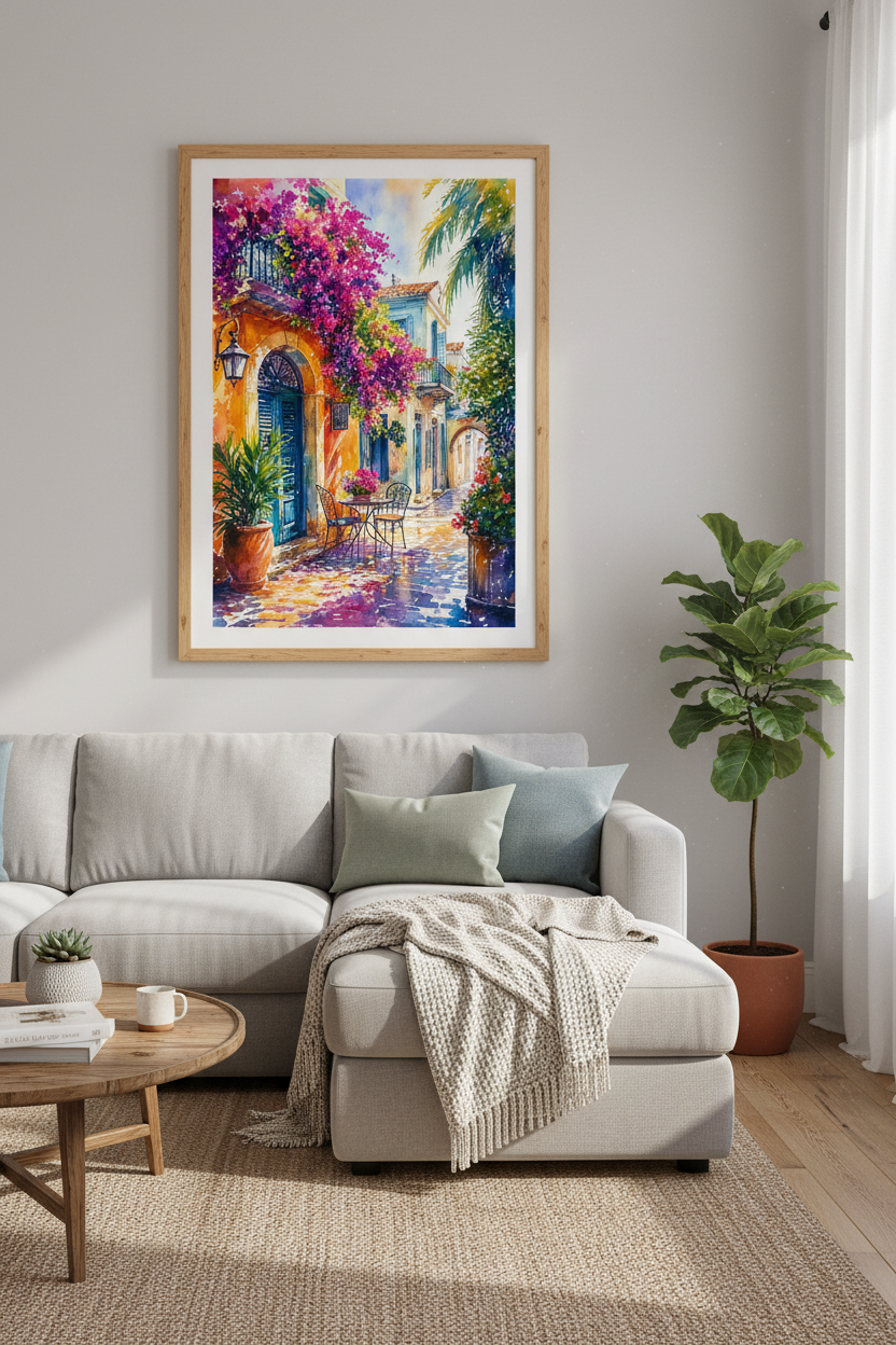Mediterranean Street Watercolor | Vibrant Bougainvillea Italian Decor, Living Room Art