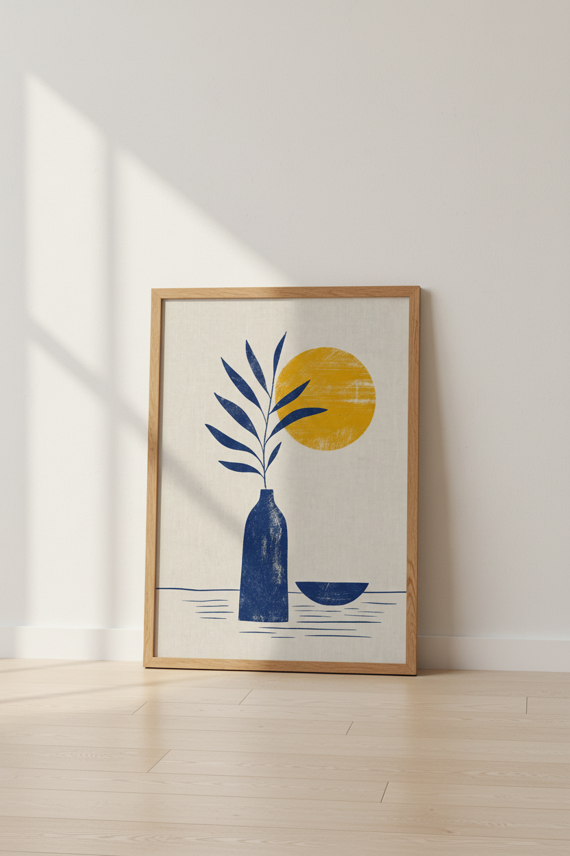 Abstract Botanical Still Life | Navy & Gold Modern Poster, Living Room Decor