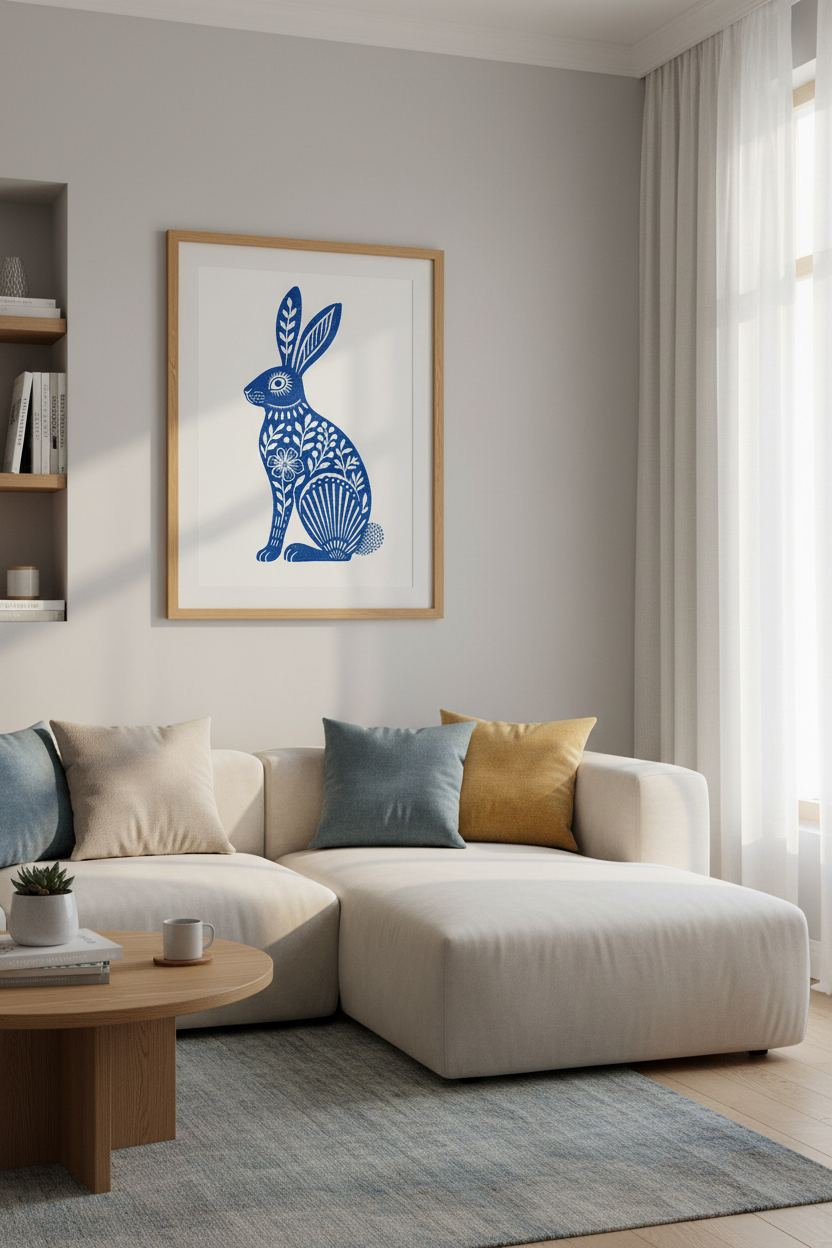 Folk Art Rabbit Wall Art | Blue Hare Linocut Poster, Nursery & Living Room Decor