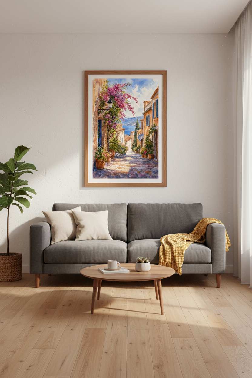 Mediterranean Street Art | Coastal Watercolor Scene, Living Room Decor